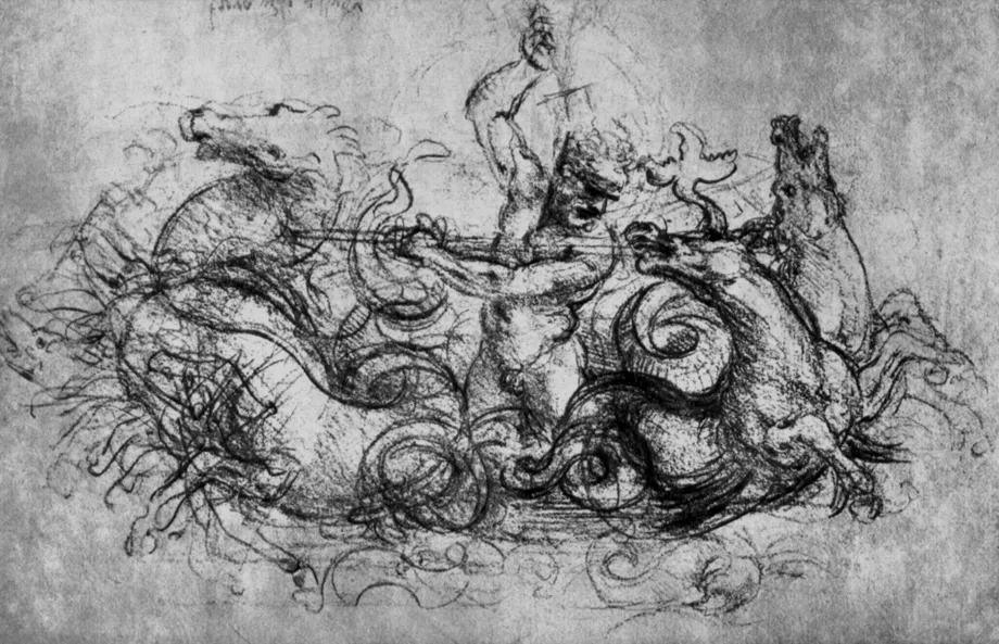 Leonardo da Vinci – Zeichnung eines Neptuns mit Seepferden