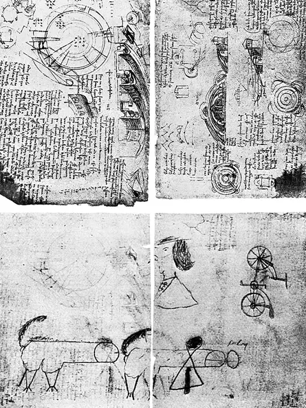 Leonardo da Vinci – Codex Atlanticus (Folio 132 und 133), nachträglich hinzugefügte Zeichnung von Fahrrad und Karikatur einer homosexuellen Handlung von Leonardo und Salai